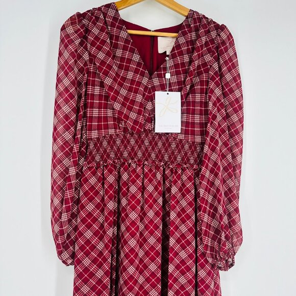 Gal Meets Glam New Red Maroon Plaid Long Puff Sleeve V- Neck Robyn Maxi Dress 2 - Picture 6 of 13
